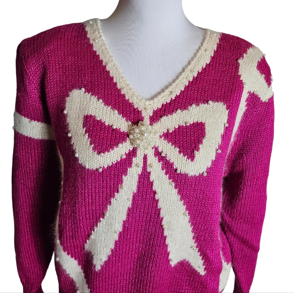 Vintage Jaclyn Smith Hot Pink White Bow Sweater Sz L Pearl Bead Granny Coquette - Picture 2 of 16